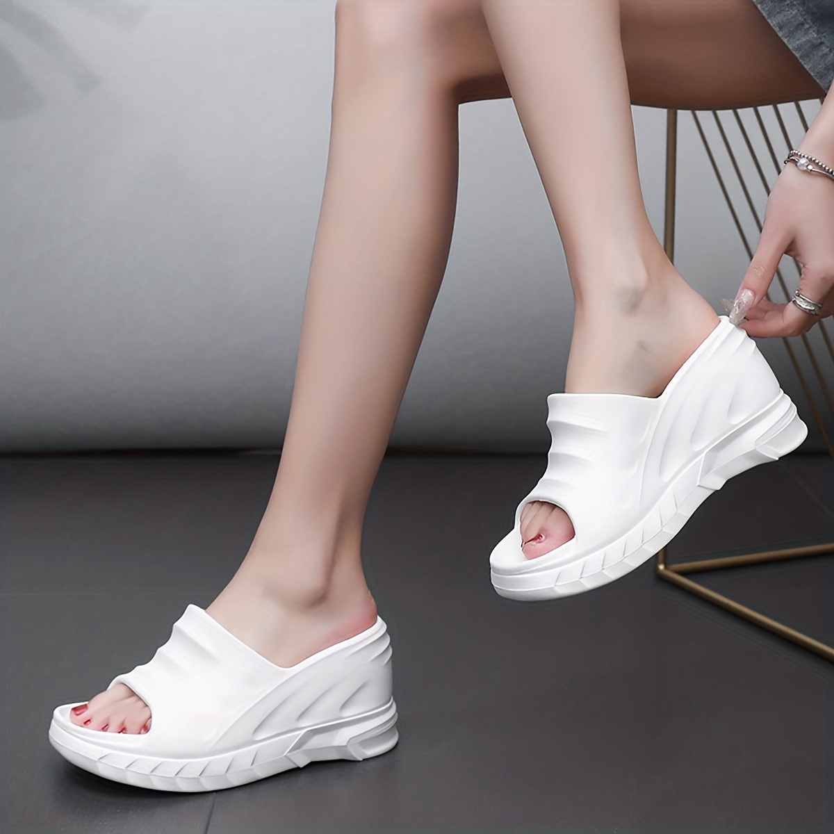 Women's Wedge Heel Slippers Solid Color Open Toe Slip Non - Temu