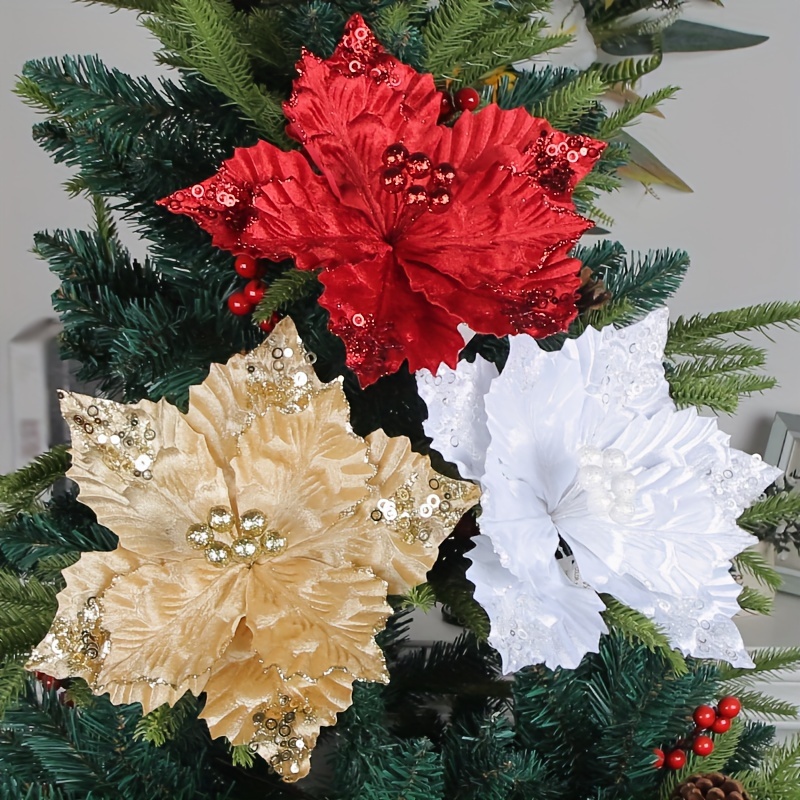 Poinsettias Artificial Christmas Flowers 7 Heads Silk - Temu