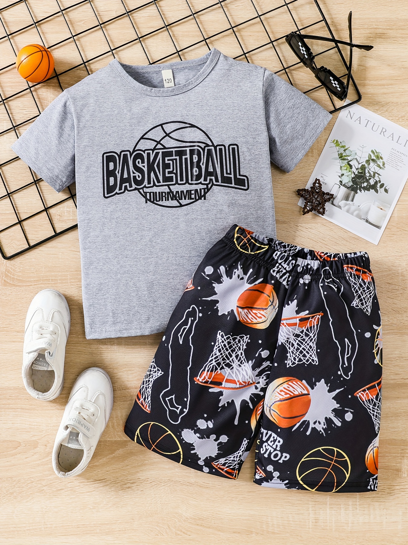 男の子「バスケットボール」カジュアル衣装ラウンドネックTシャツ