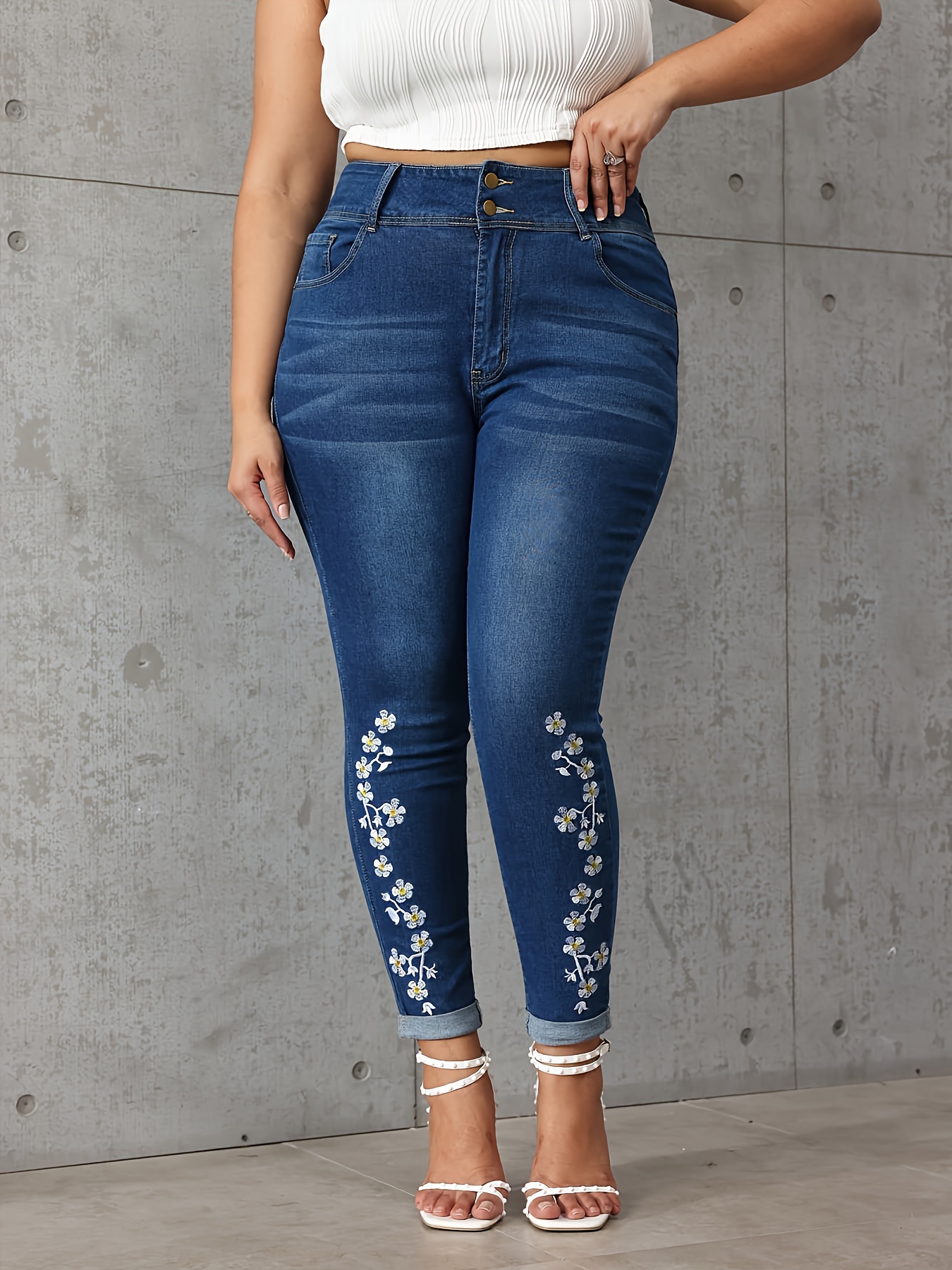 Plus Size Casual Denim Pants Women's Plus Button Fly Roll - Temu