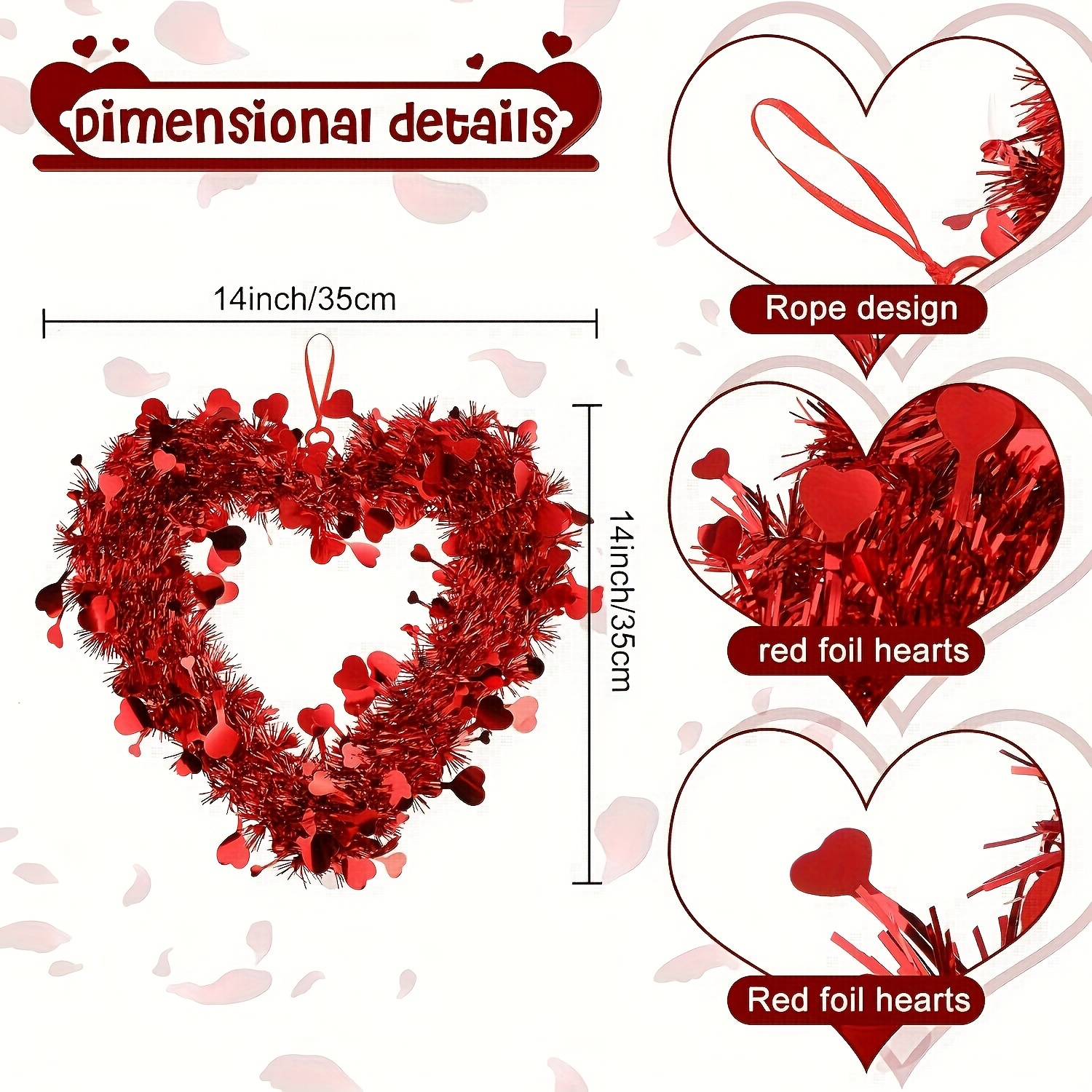 1pc, Red Valentine Heart Wreaths Tinsel Heart Shaped Wreaths With Foil  Hearts Hanging Valentine's Day Wreaths Decorations For Wedding Birthday  Party Front Door Wall Window Mantel Decor