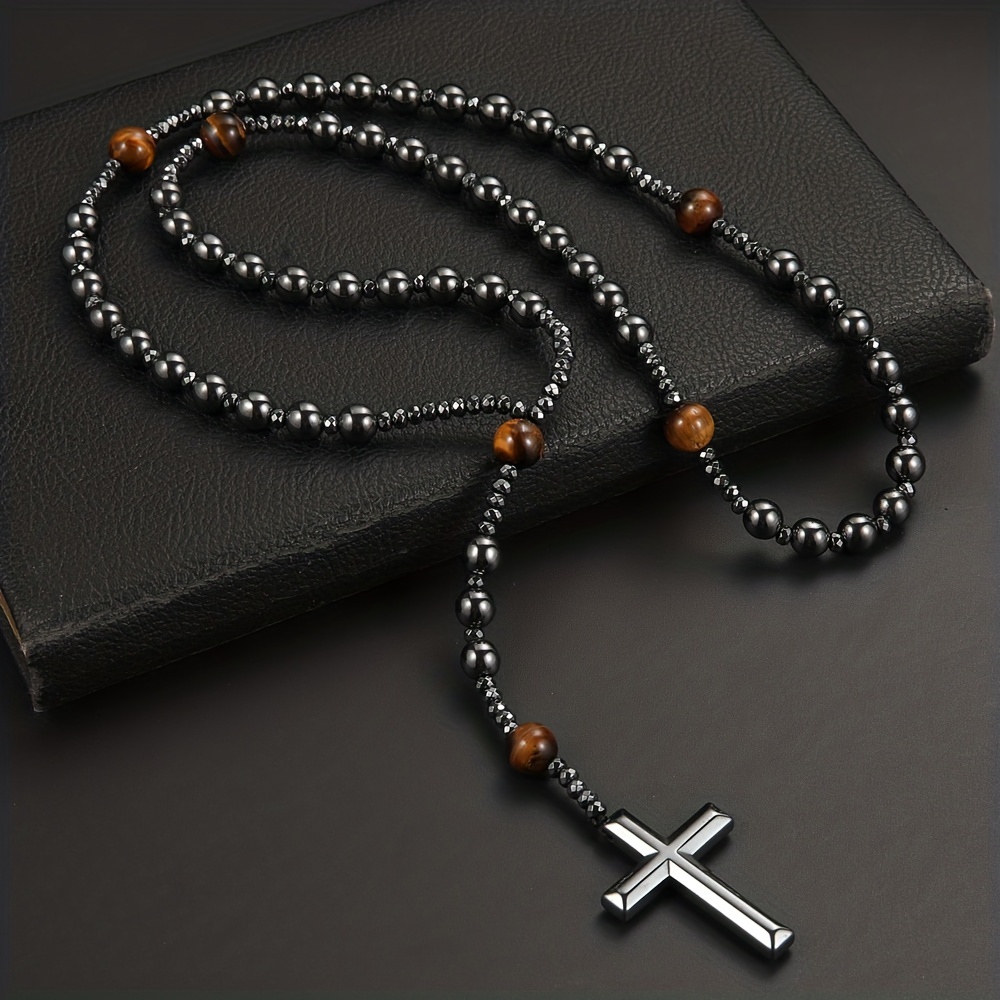 

1pc Bright Black Natural Stone Yellow 8mm Round Bead Black Gallstone Cross Rosary Rough Stone Gift For Men, Daily Casual Halloween Gift, Sweater Chain/clavicle