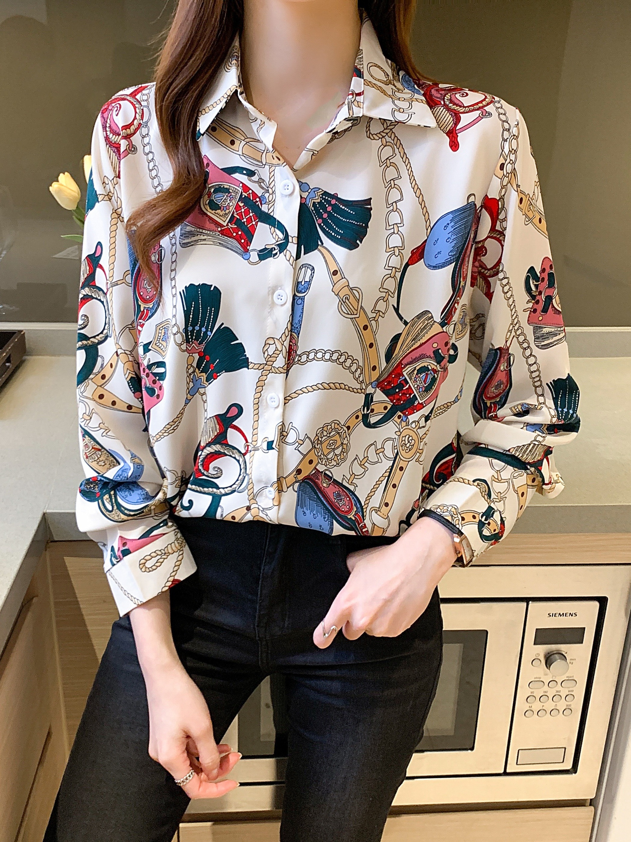 Floral Print Pleated V-neck Long Blouses, Casual Loose Button Down Long  Sleeve Fashion Long Shirts Tops, Women's Clothing