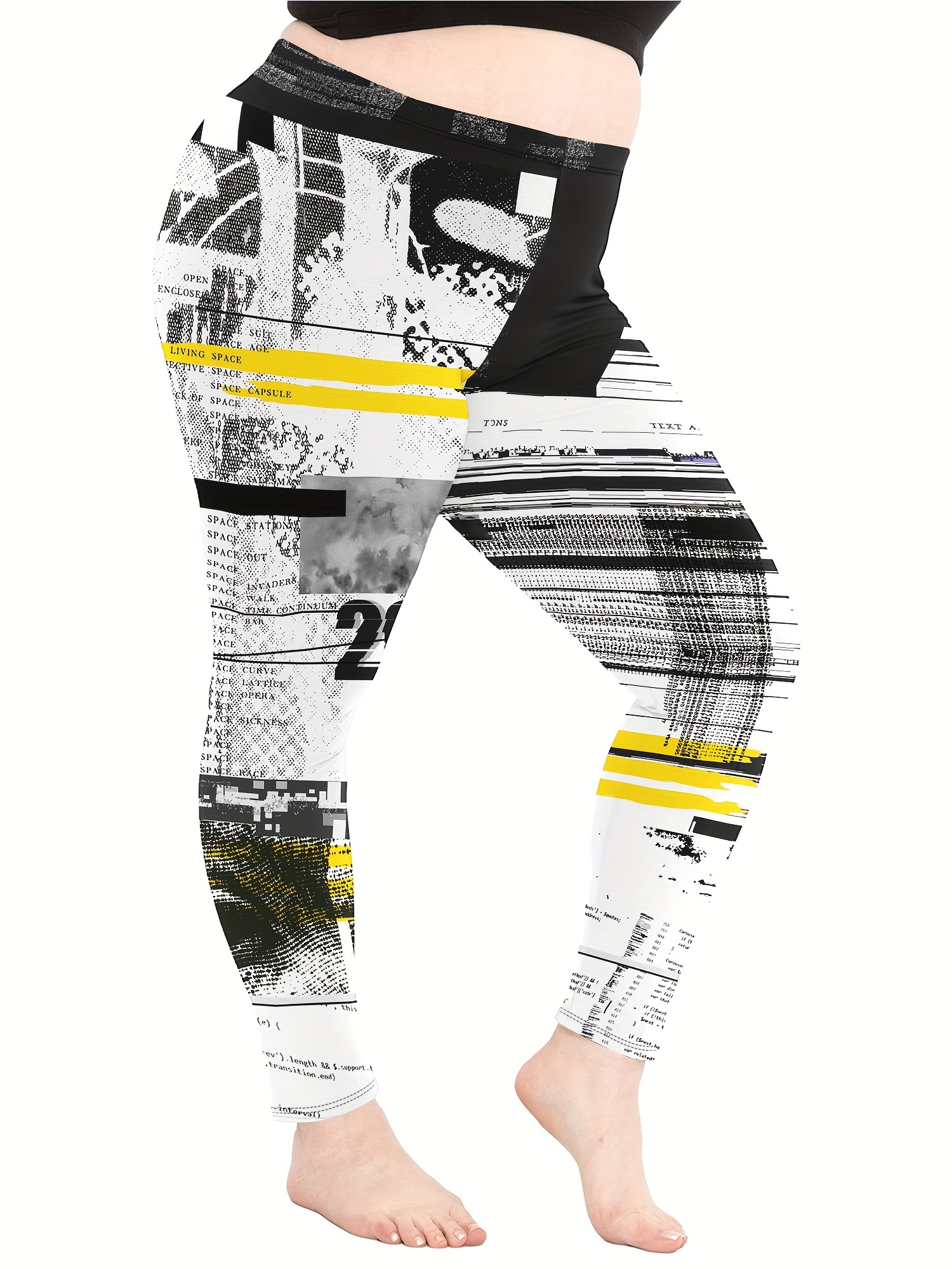 Plus Size Casual Leggings, Women's Plus Colorblock Random Print High * High  Stretch Leggings