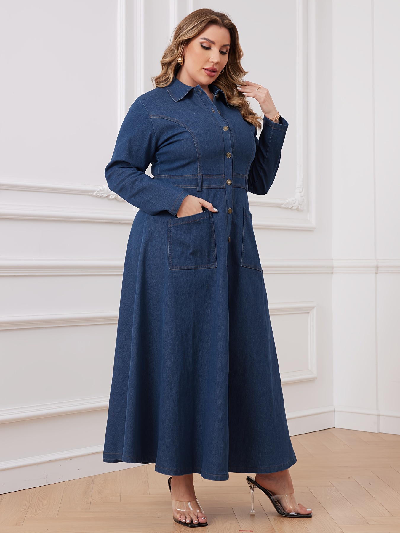 Plus Size Casual Denim Dress Women's Plus Long Sleeve Button - Temu
