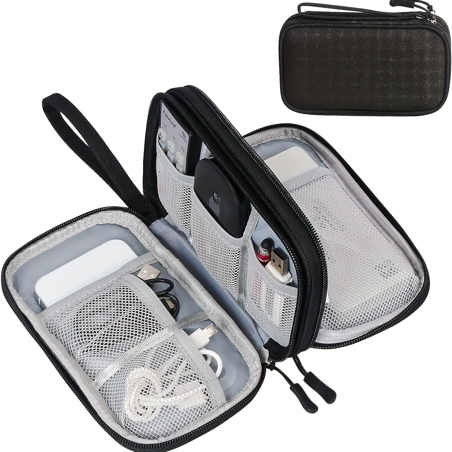  Estuche organizador de cables, organizador de cables de viaje,  estuche organizador de cables electrónicos pequeños, estuche portátil para  cable, cable, cargador, disco duro, auriculares, USB, tarjeta SD con 5  bridas, paquete de 2 (gris + azul)