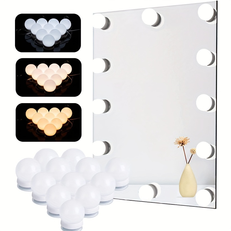 Kit de luces de espejo de tocador de estilo Hollywood mejorado, 10  bombillas LED regulables con 3 modos de color, ideal para maquillaje,  tocador
