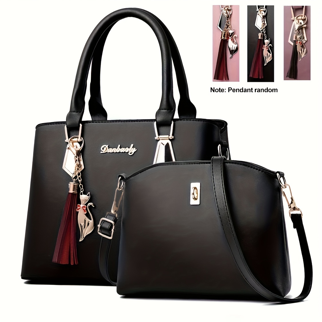 

2pcs Solid Color Handbag Set, Fashion Tassel Decor Tote Bag, Women's Simple Crossbody Bag