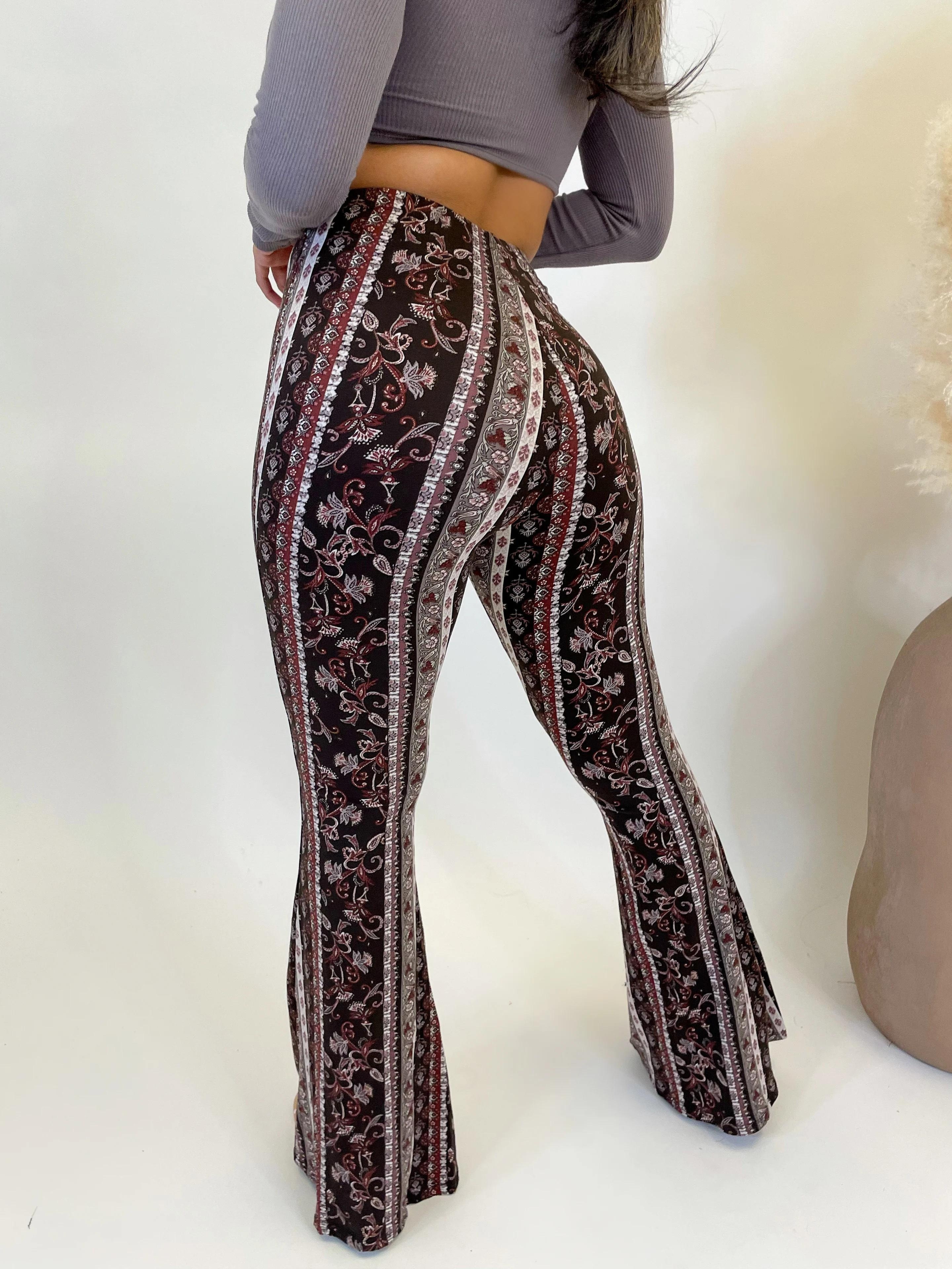 Women Floral Print Bell Bottom Pants Stretchy High Waist Flared Leggings  Casual Long Pants Summer Fall Trousers 