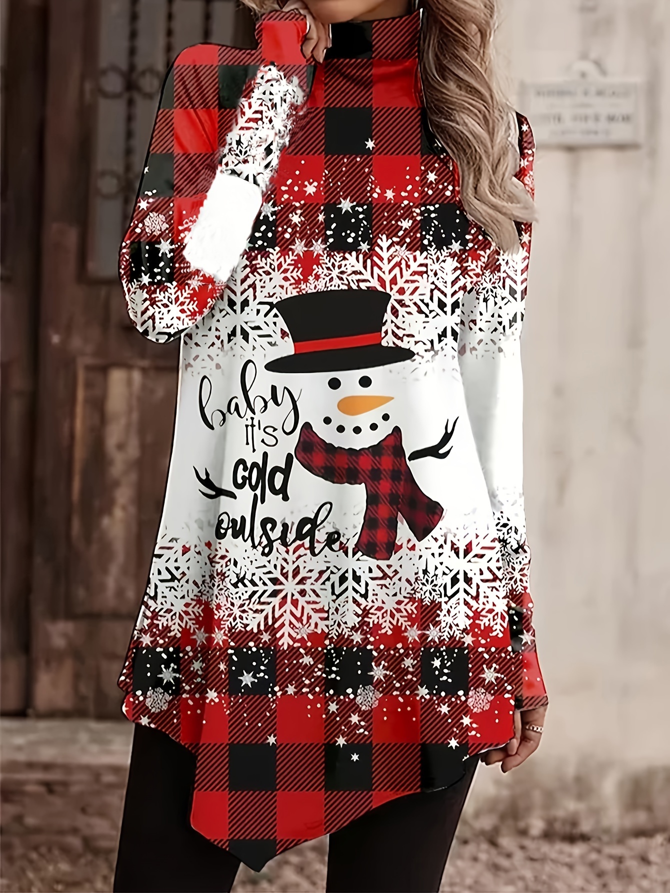 Christmas Snowman Print Turtleneck Tunics Cute Asymmetrical - Temu Canada