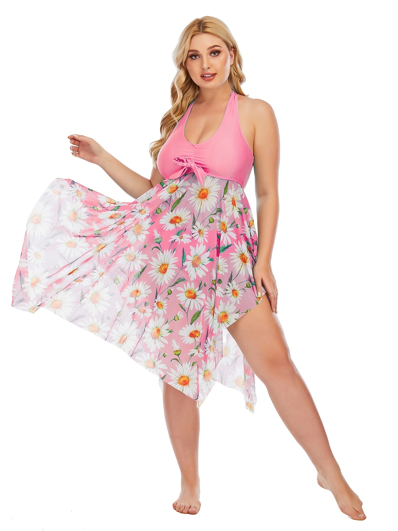 Plus Size Floral Print Irregular Hem Dress Panty Swimsuit - Temu