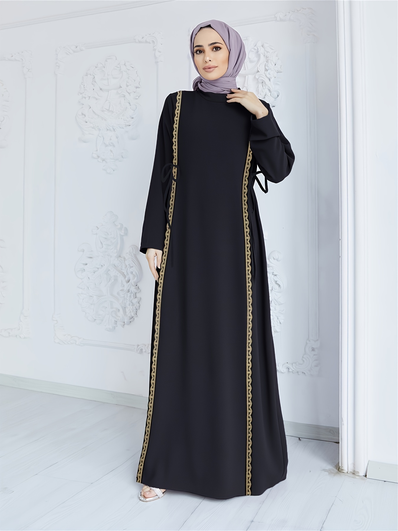 Ramadan Lace Trim Kaftan Dress Casual Long Sleeve Solid - Temu