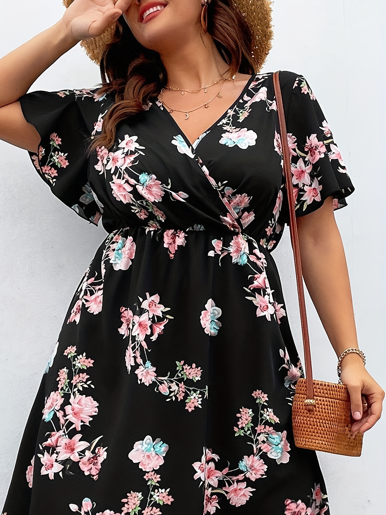 Plus Floral Print Butterfly Sleeve Maxi Dress