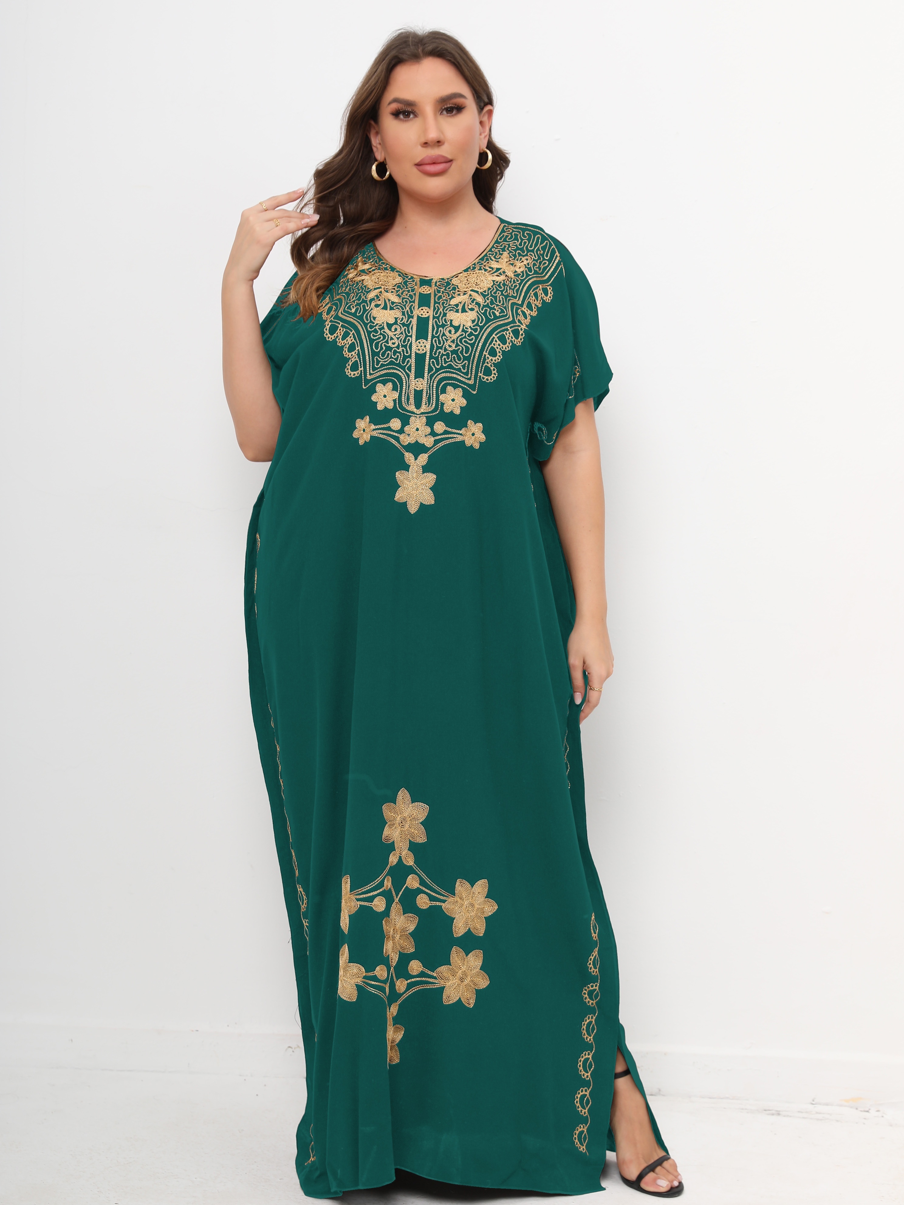 ramadan plus size elegant kaftan dress womens plus floral print bat sleeve round neck maxi kaftan dress