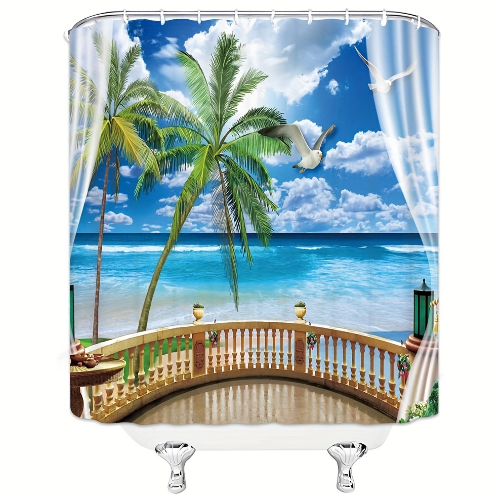 1pc Sea View Shower Curtain | Ocean Green | 12 Hooks | Waterproof & Mildew Proof Fabric