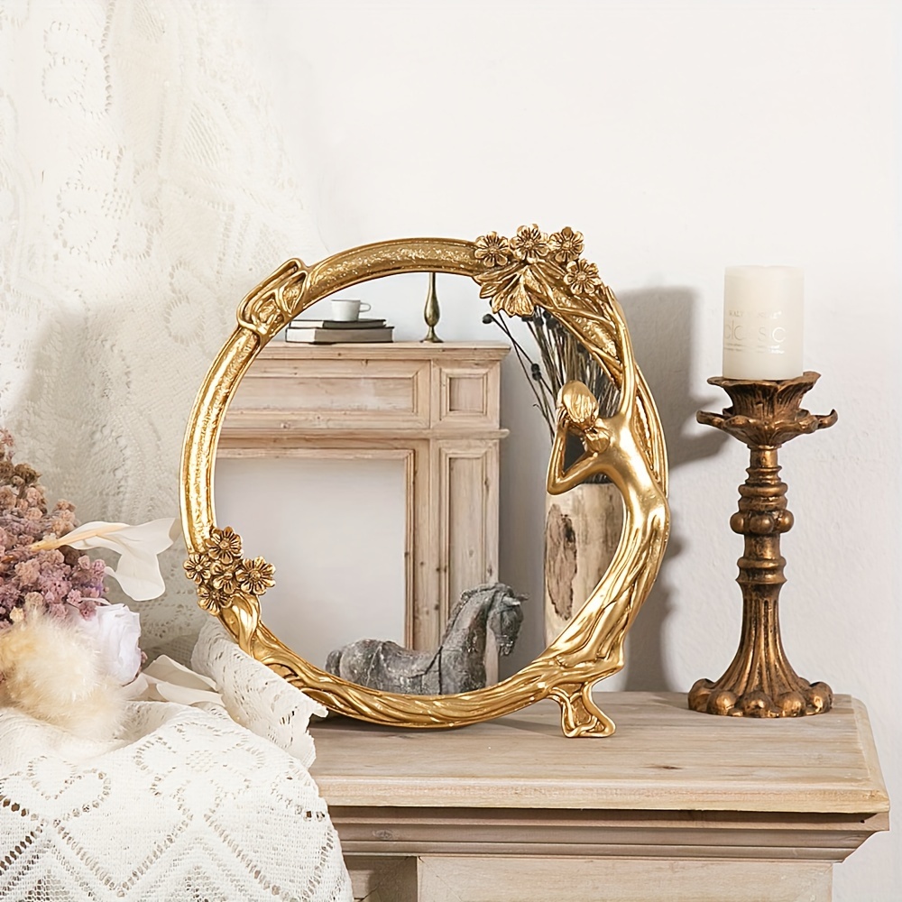 

Vintage European-style Golden Floral Resin Vanity Mirror - Rust-proof, Formaldehyde-free, Makeup & Photoshoots, Vanity Accessories