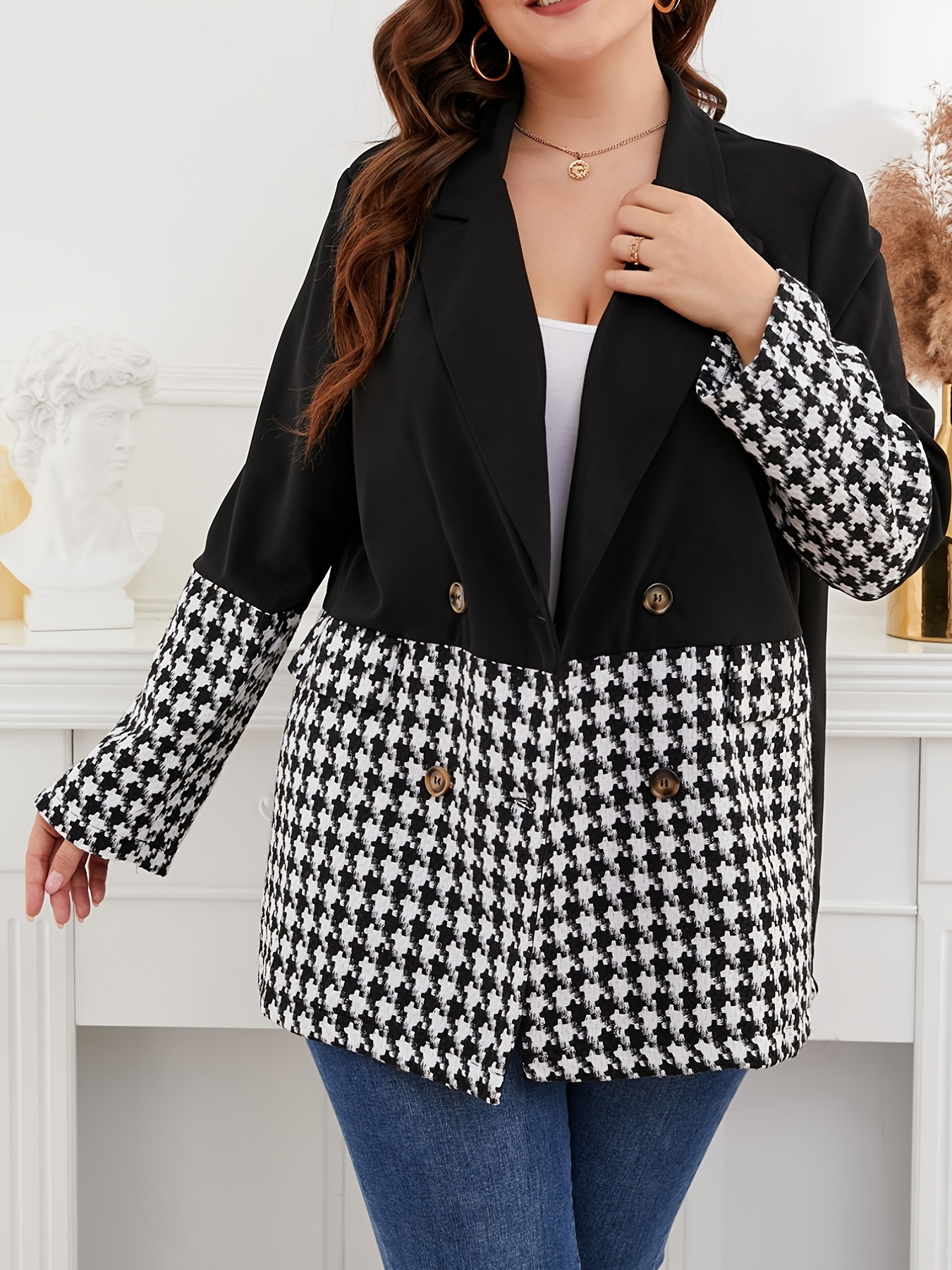 Houndstooth Lapel Collar Blazer Women's Plus Business Casual Blazer