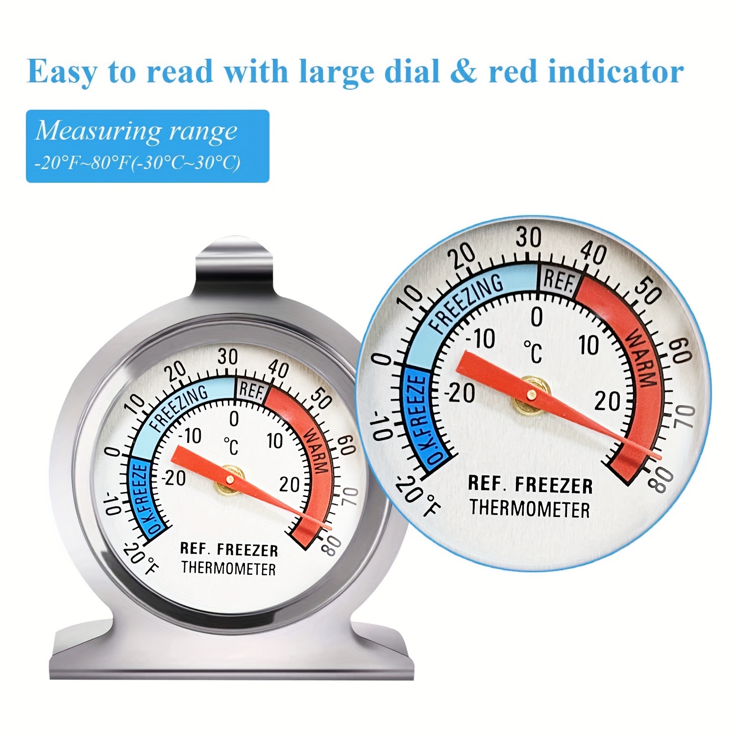 Refrigerator Thermometer, Two Pack Fridge Thermometer Stainless Steel  Freezer Thermometer with Red Indicator, Large Dial Thermometers for  Freezers