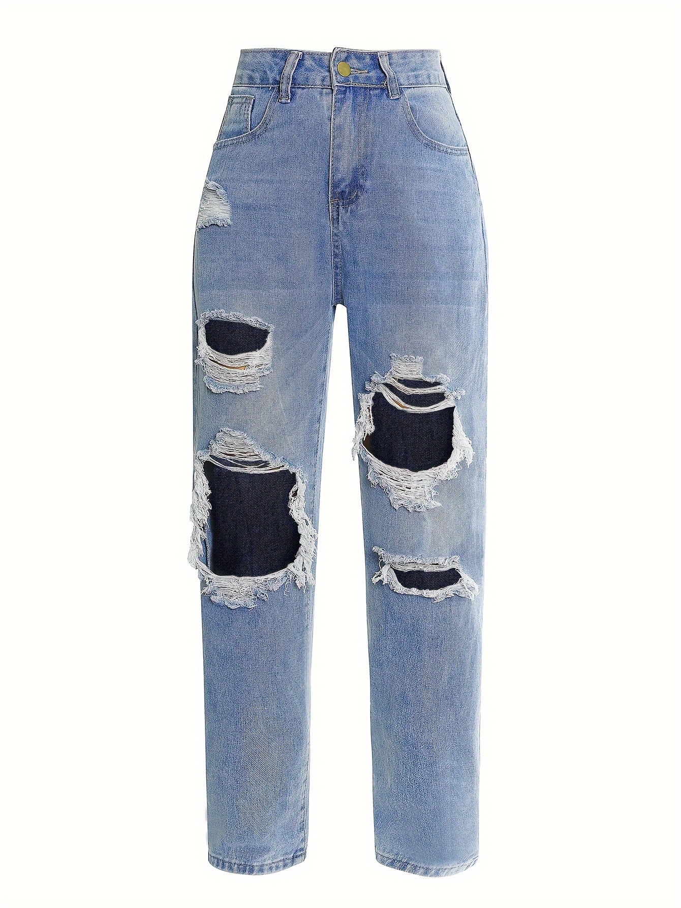 Blue Ripped Straight Jeans, Distressed High Waist Slash Pockets Wide Leg  Loose Fit Denim Pants, Women's Denim Jeans & Clothing