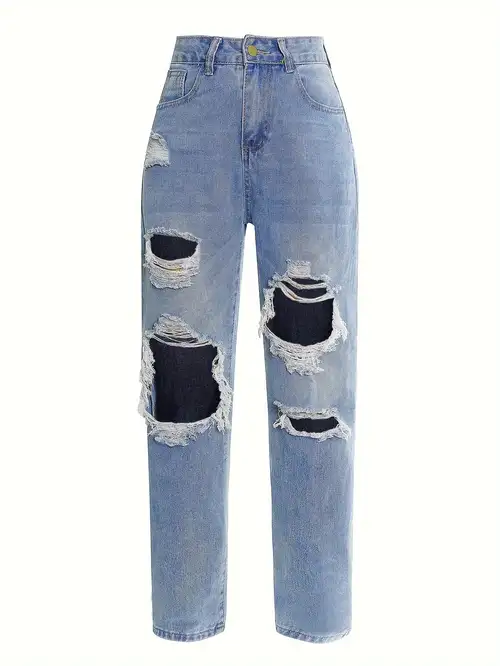 Light Blue Ripped Straight Jeans Distressed High Waist Loose - Temu