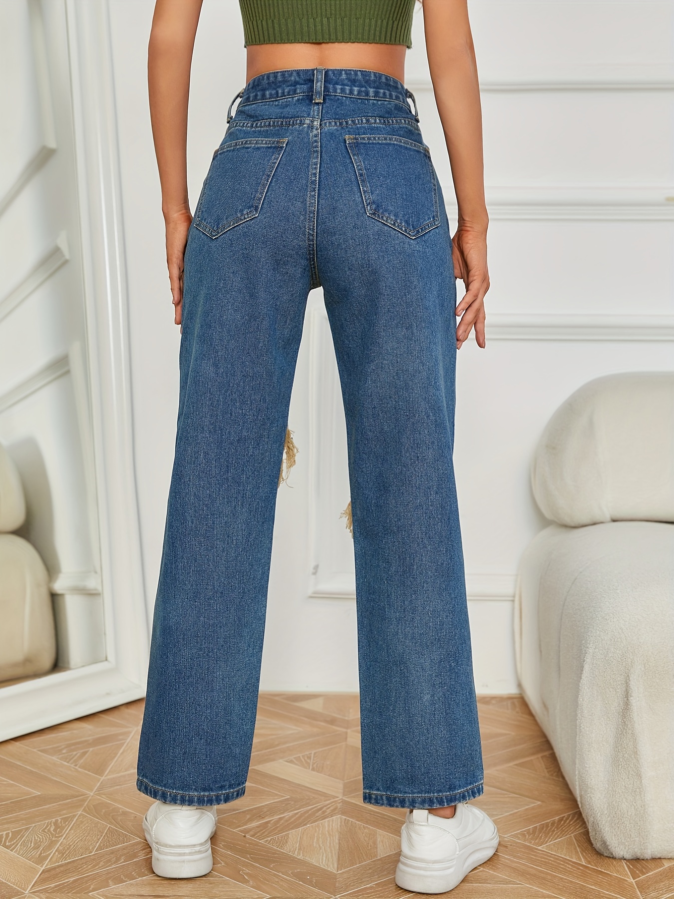 Ripped Straight Leg Loose Fit Jeans High Wide Legs - Temu Italy