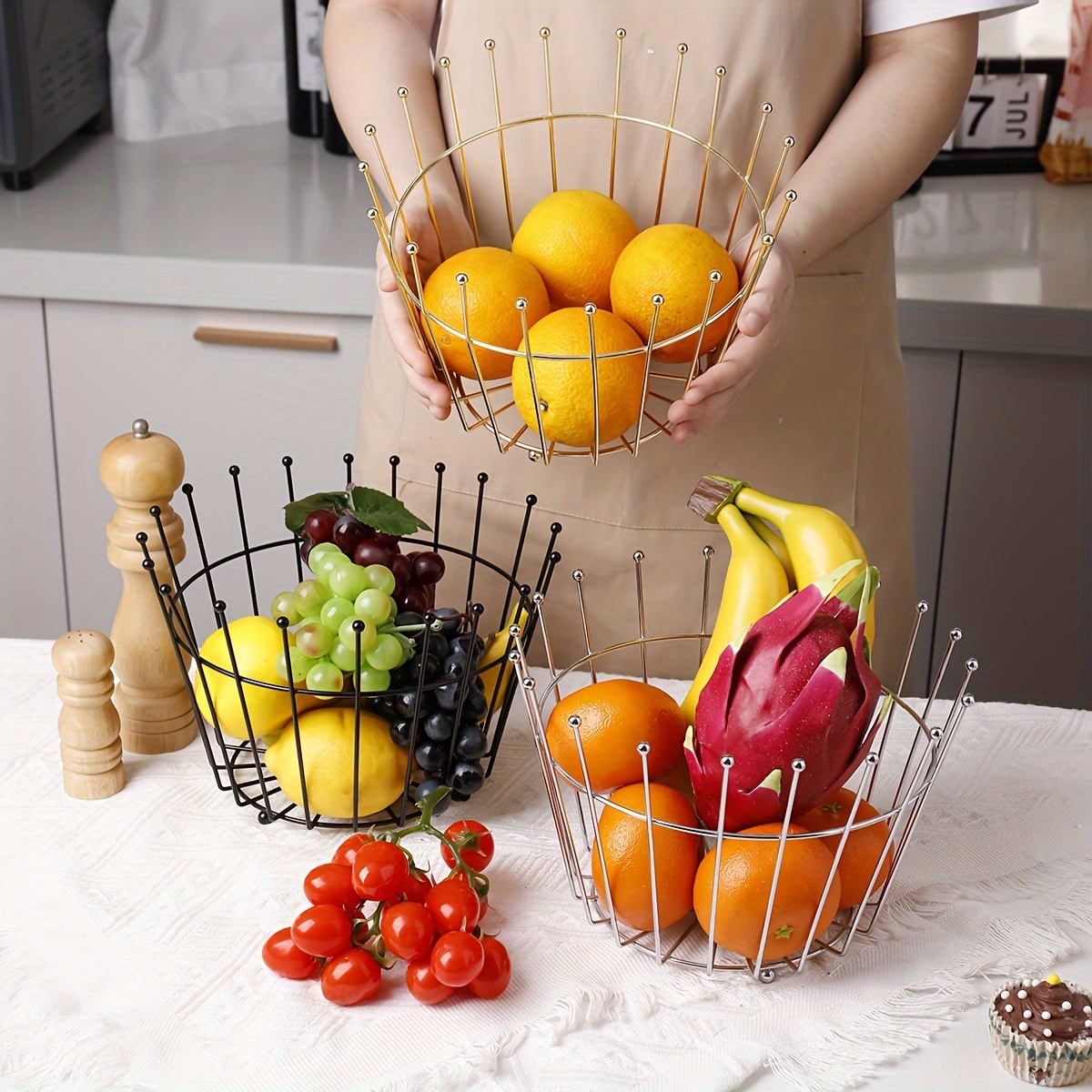 Cesta de frutas de 2 niveles para mostrador, 2 niveles de metal, redondo,  para frutas, verduras, para salón, cocina, baño, negro/blanco, negro