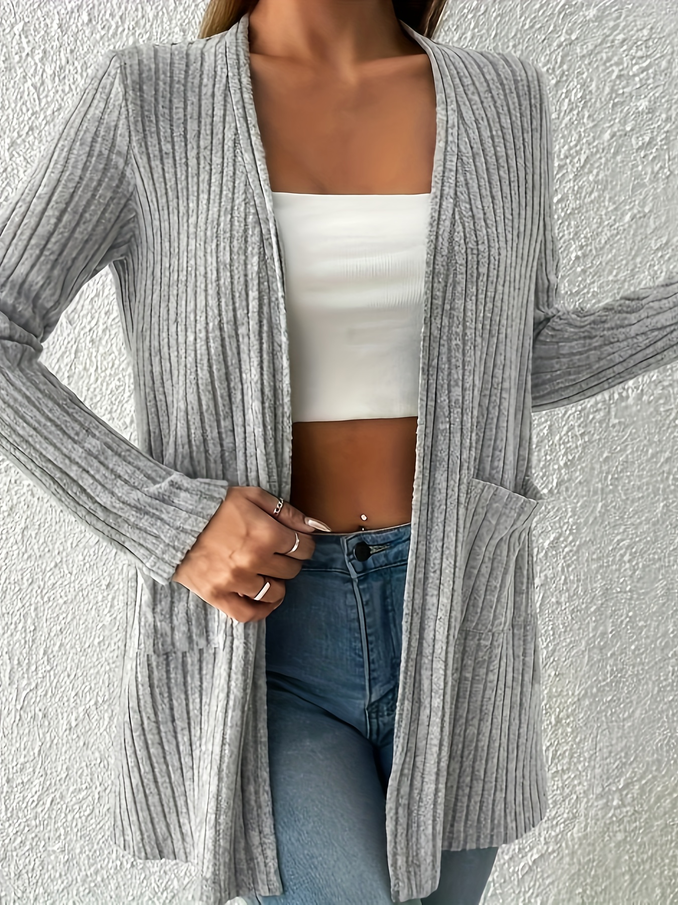 Women's Ribbed Long Sleeve Cardigan With Pockets