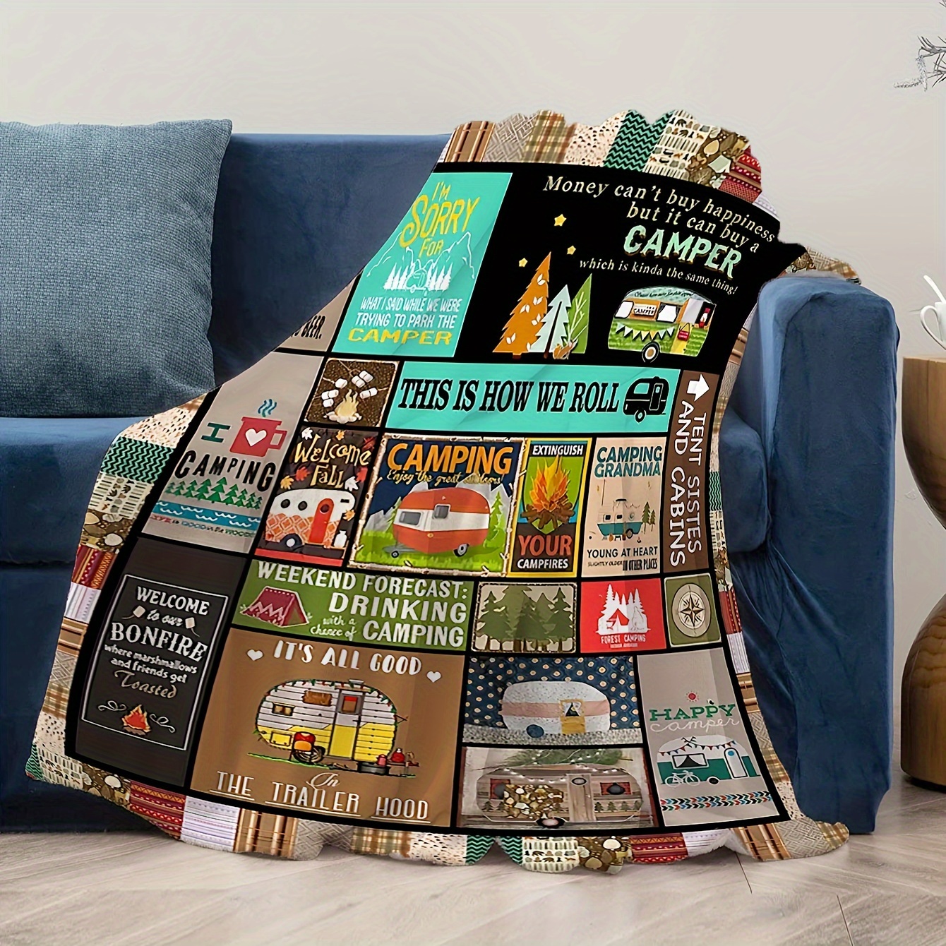  Happy Camping Blanket,Camper Throw Blanket for Travel