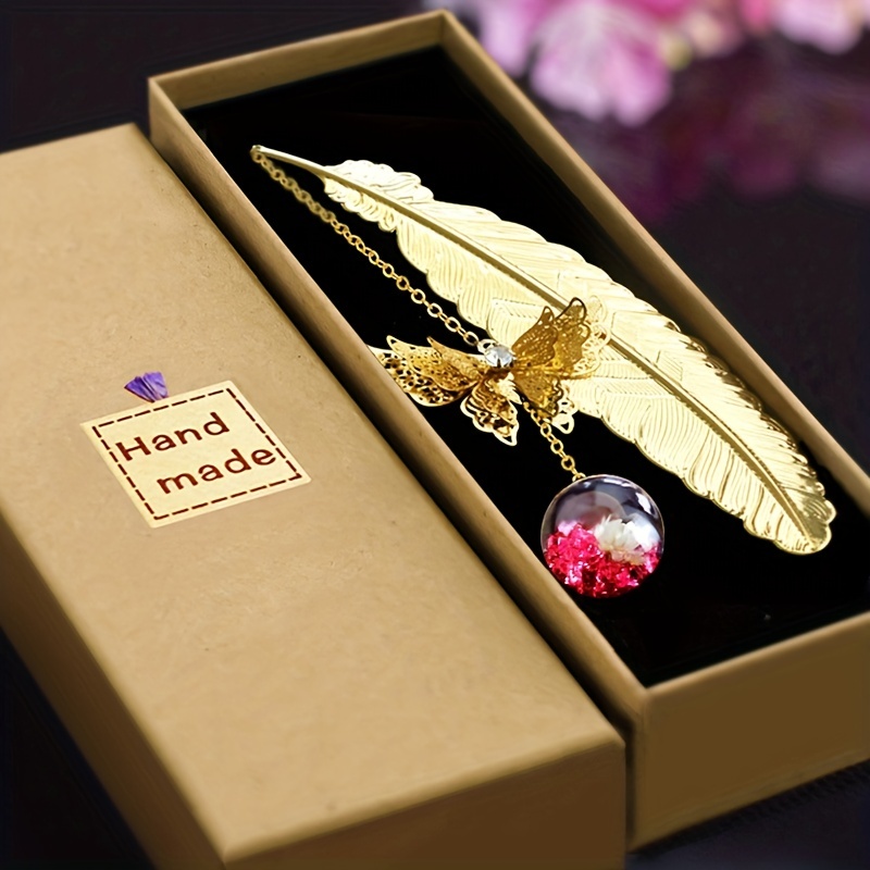 Gift Box Crafts Chinese Style Classical Metal Brass Feather Butterfly Eternal Flower Bookmark School Teacher Classmates Stationery Gifts Souvenirs
