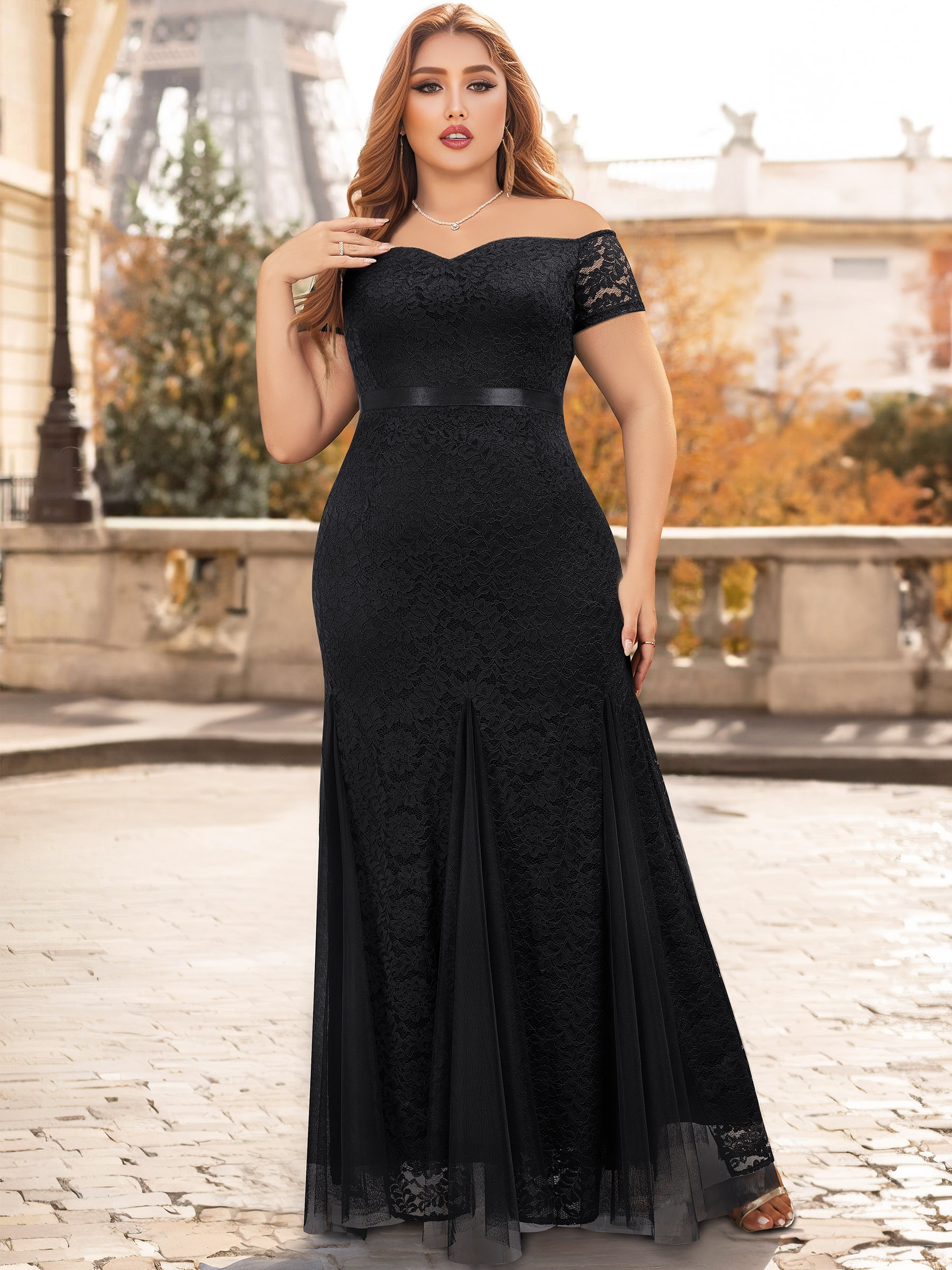 Plus size off the hot sale shoulder black maxi dress