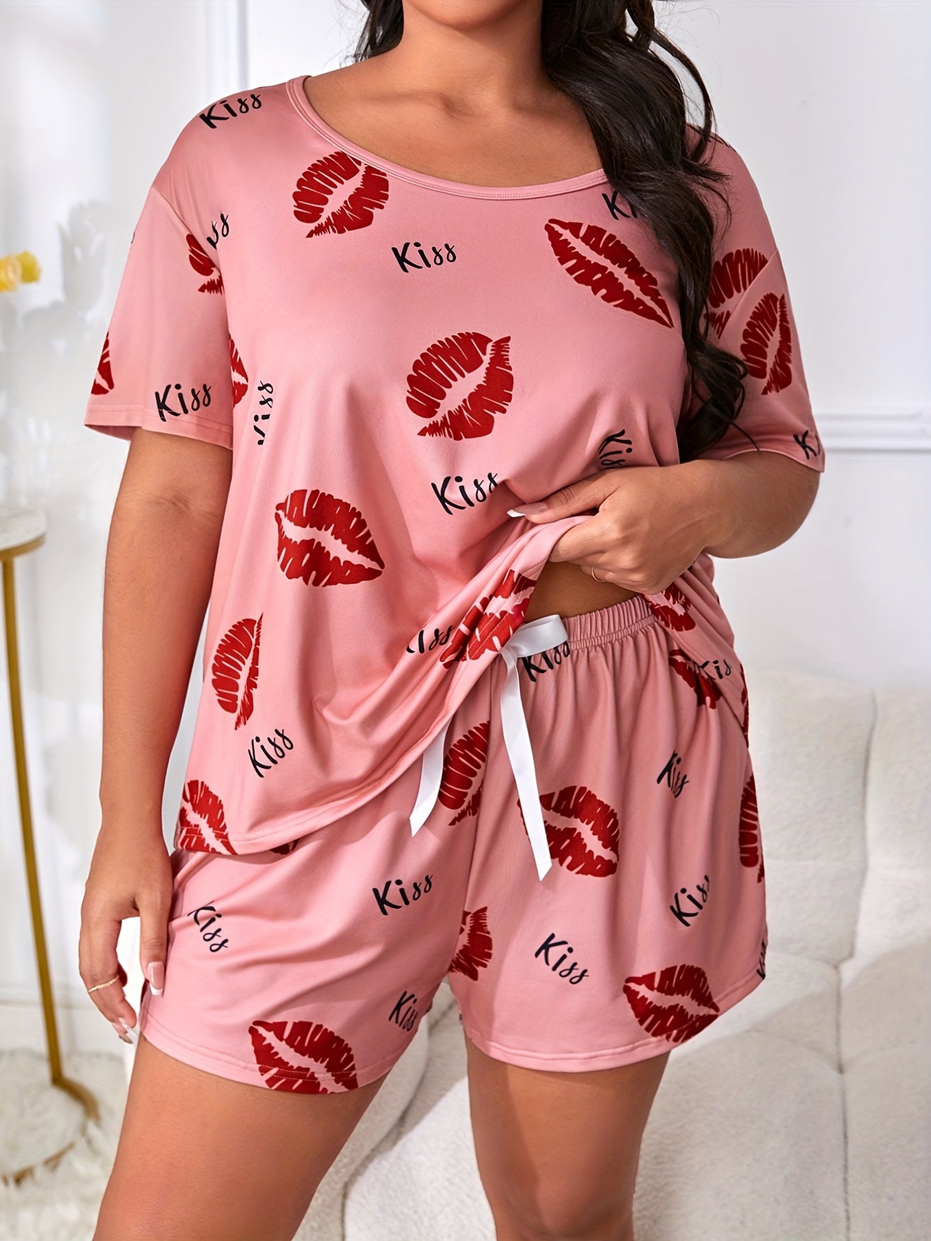 Plus Size Cute Pajamas Set Women's Plus Kiss Lips Print - Temu