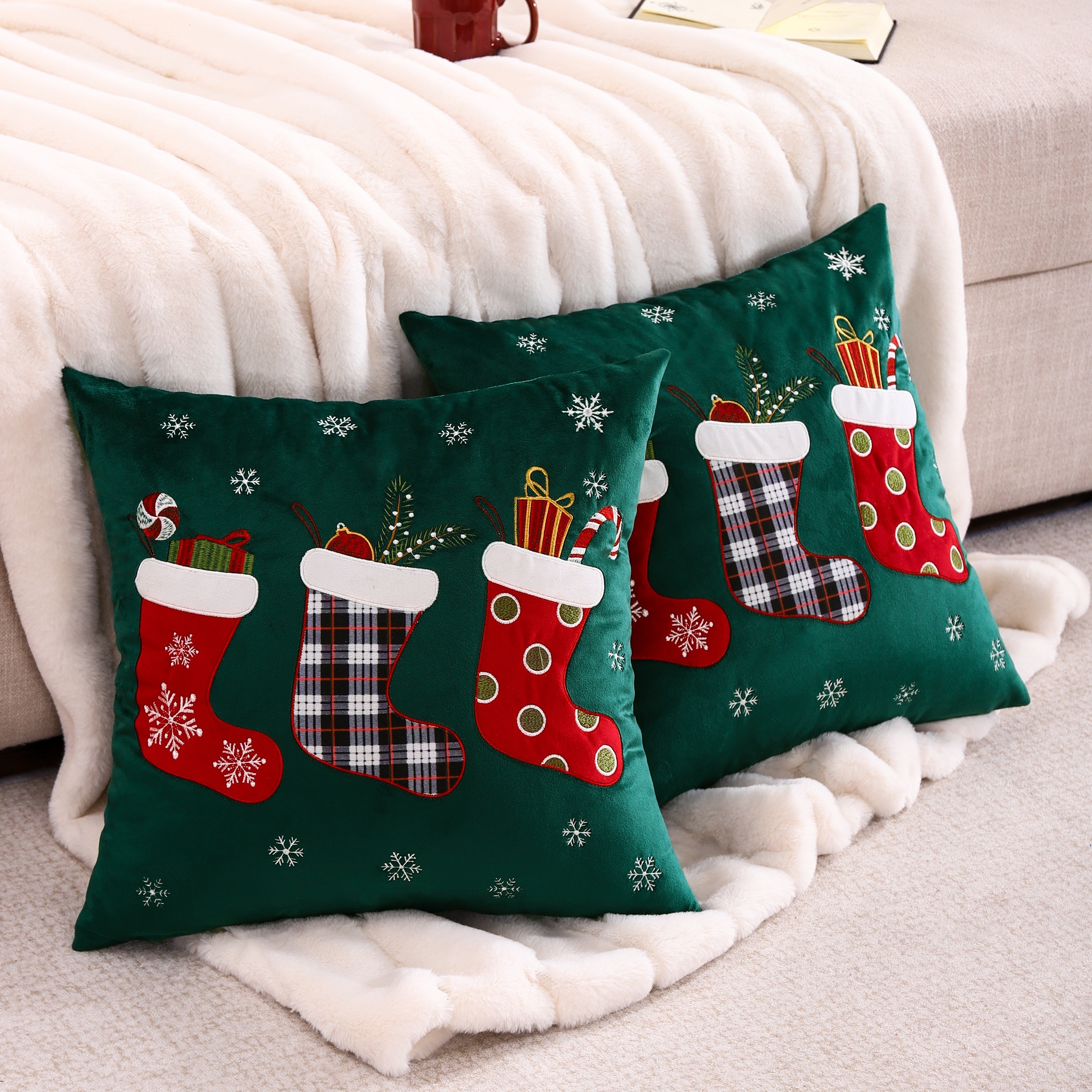Snowman Christmas Tree Embroidery Velvet Christmas Deacoration Pillow Cases 2pcs