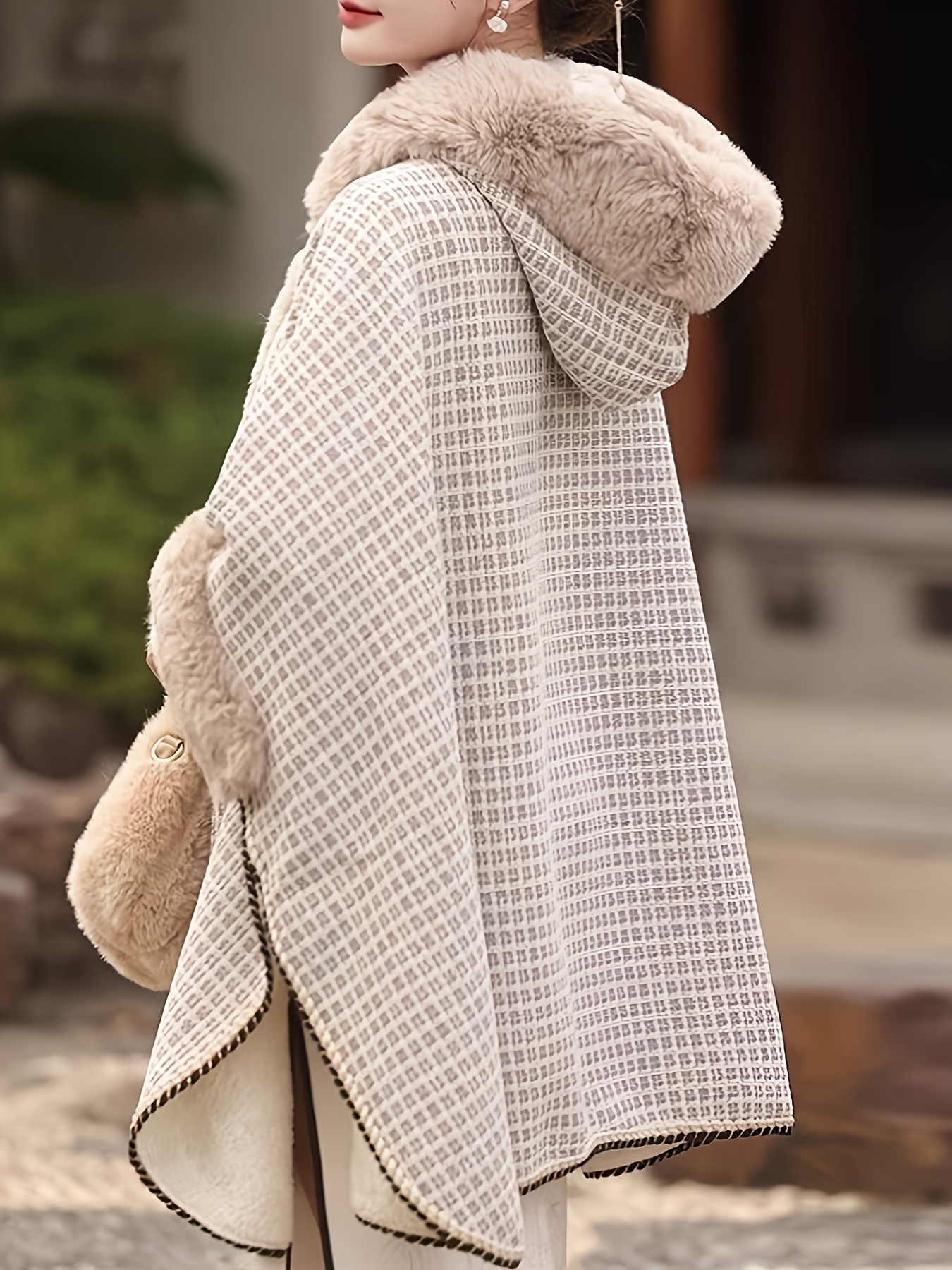 womens long tweed cape coat plush fur collar hood winter Temu Canada