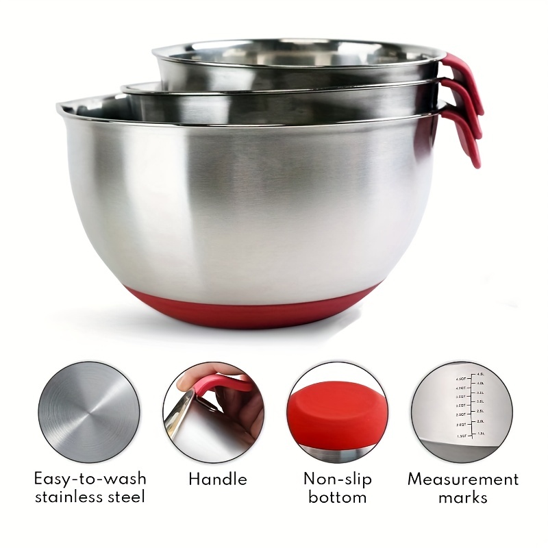 Stainless Steel Mixing, Bowls Silicone Handle and Non-Slip Bottoms Bowls