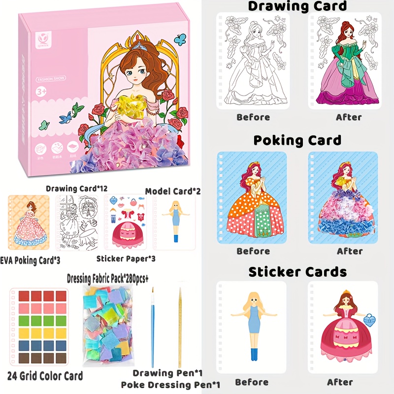 BAOXUE Arts and Crafts for Kids Ages 4-8,Princess Dress-Up Crafts Set Water  Coloring Book for Toddlers,DIY Poking Art Kit with Waterolor Painting