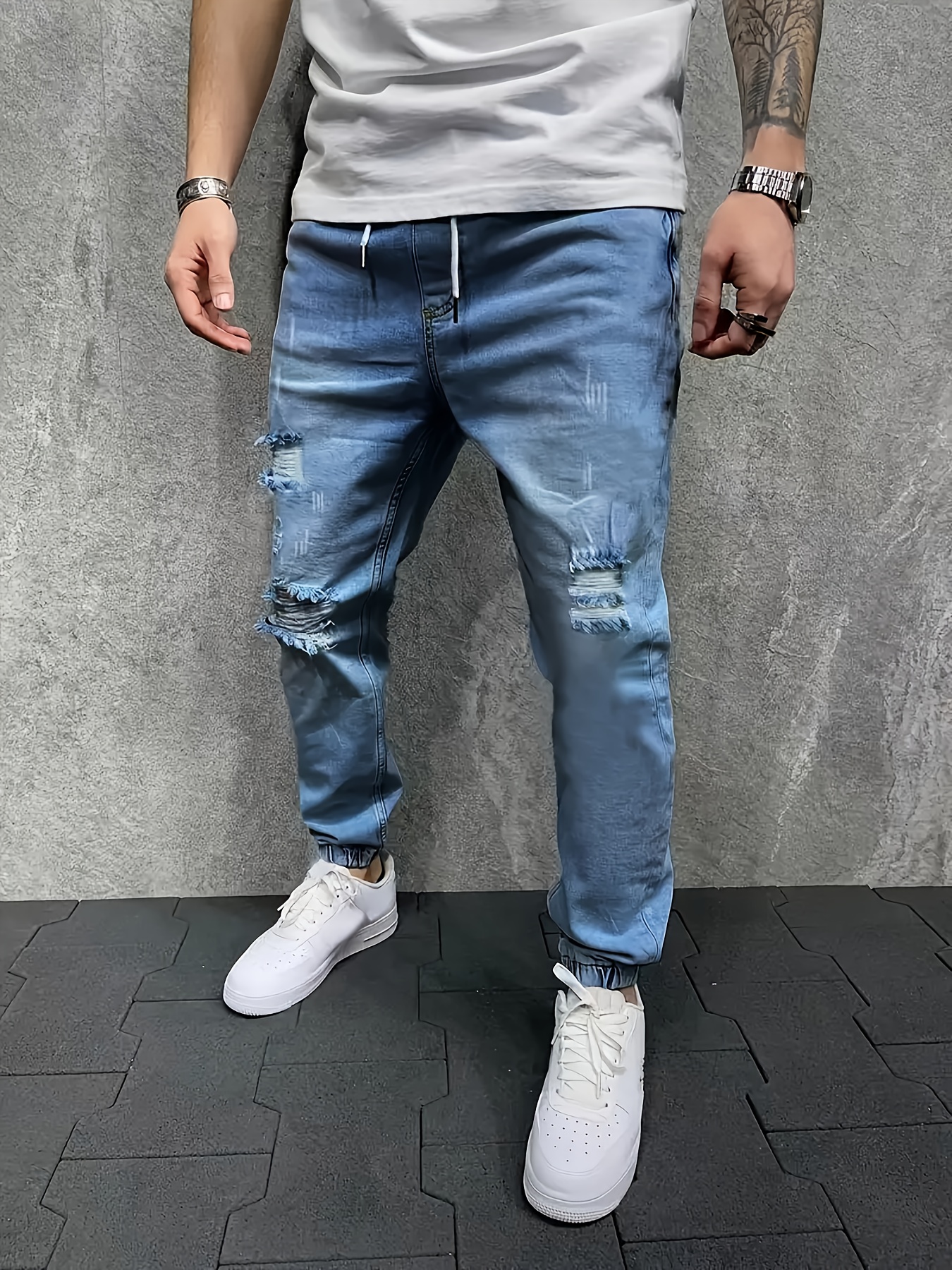 Casual Street Style Loose Fit Ripped Cotton Jeans Men's - Temu Mexico