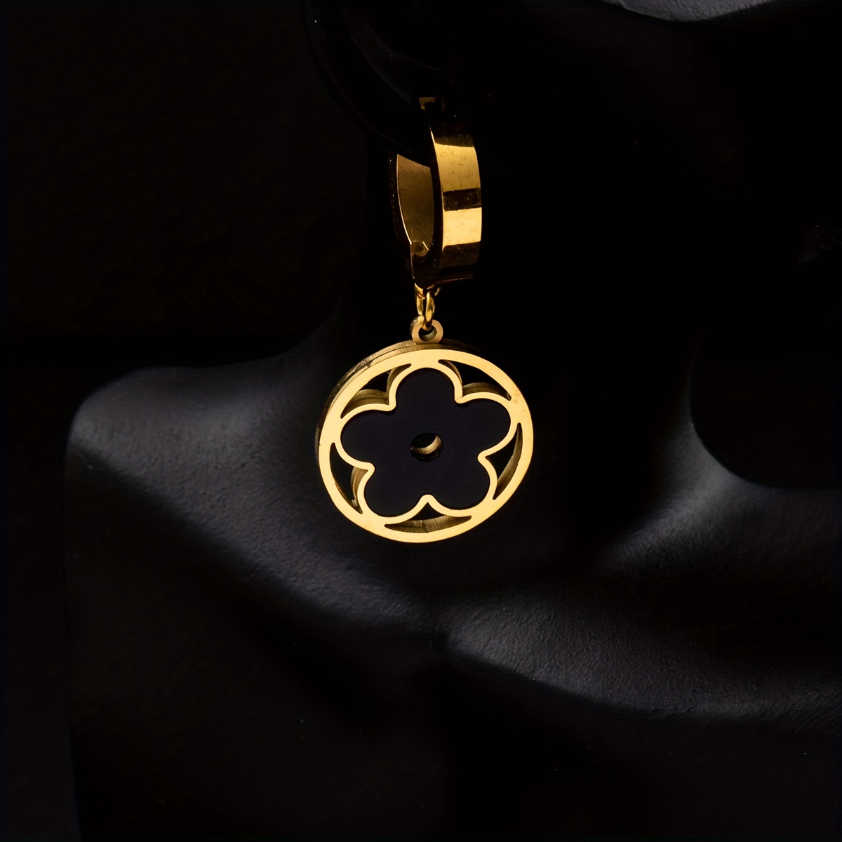 Black Four Leaf Clover Hooped Earrings With Gold Rims Gift 