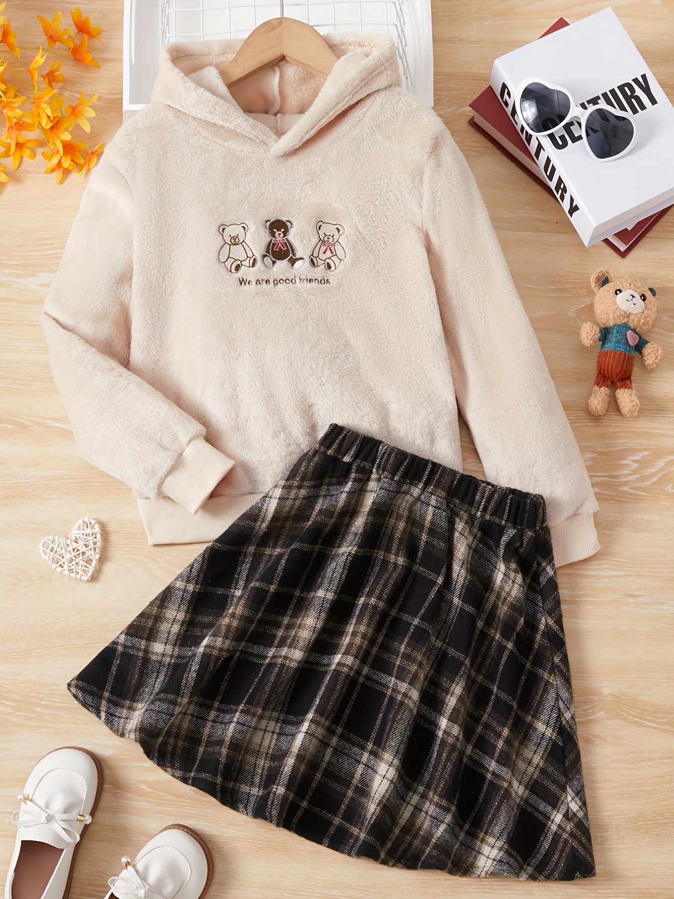 Girl's Preppy Style Outfit 2pcs, Fleece Thermal Hoodie & Plaid Pattern  Skirt Set, Bear Embroidered Kid's Clothes For Spring Autumn