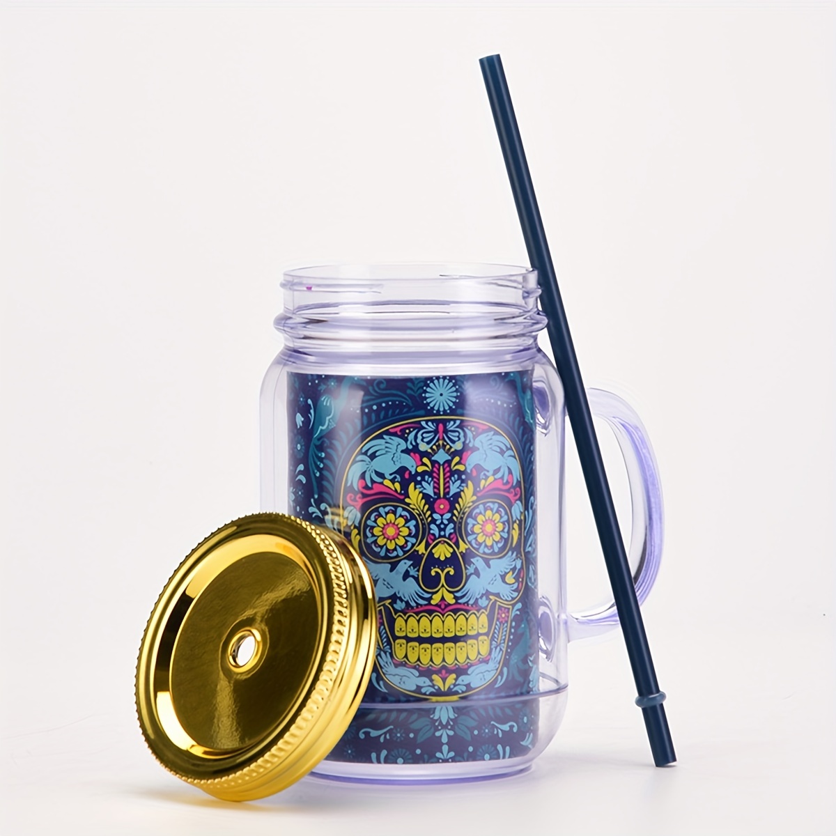 600ml 20oz double wall double layer plastic mason mug mason jar with handle  and straw
