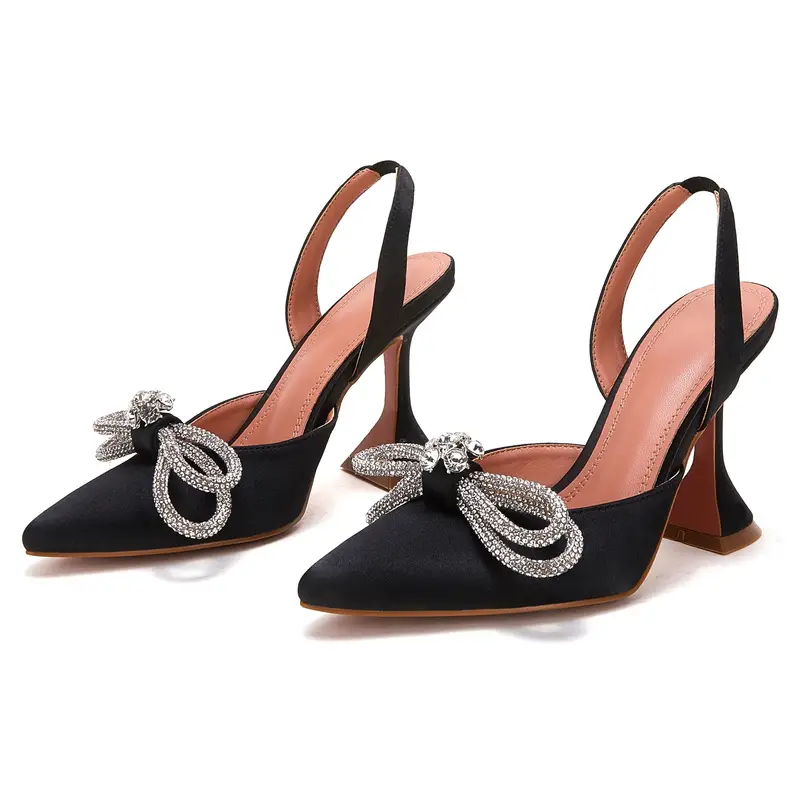 womens rhinestone bow high heels pointed toe slip on slingback pyramid heels fashion wedding dress pumps details 6