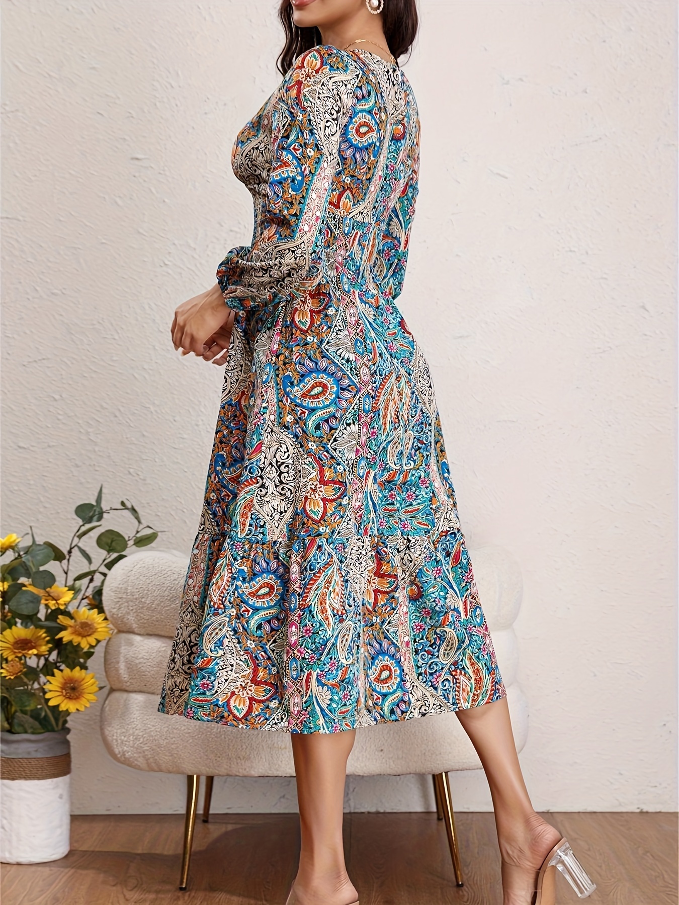 Paisley Print Shirred Dress, Boho V-hals Långärmad Midiklänning, Damkläder