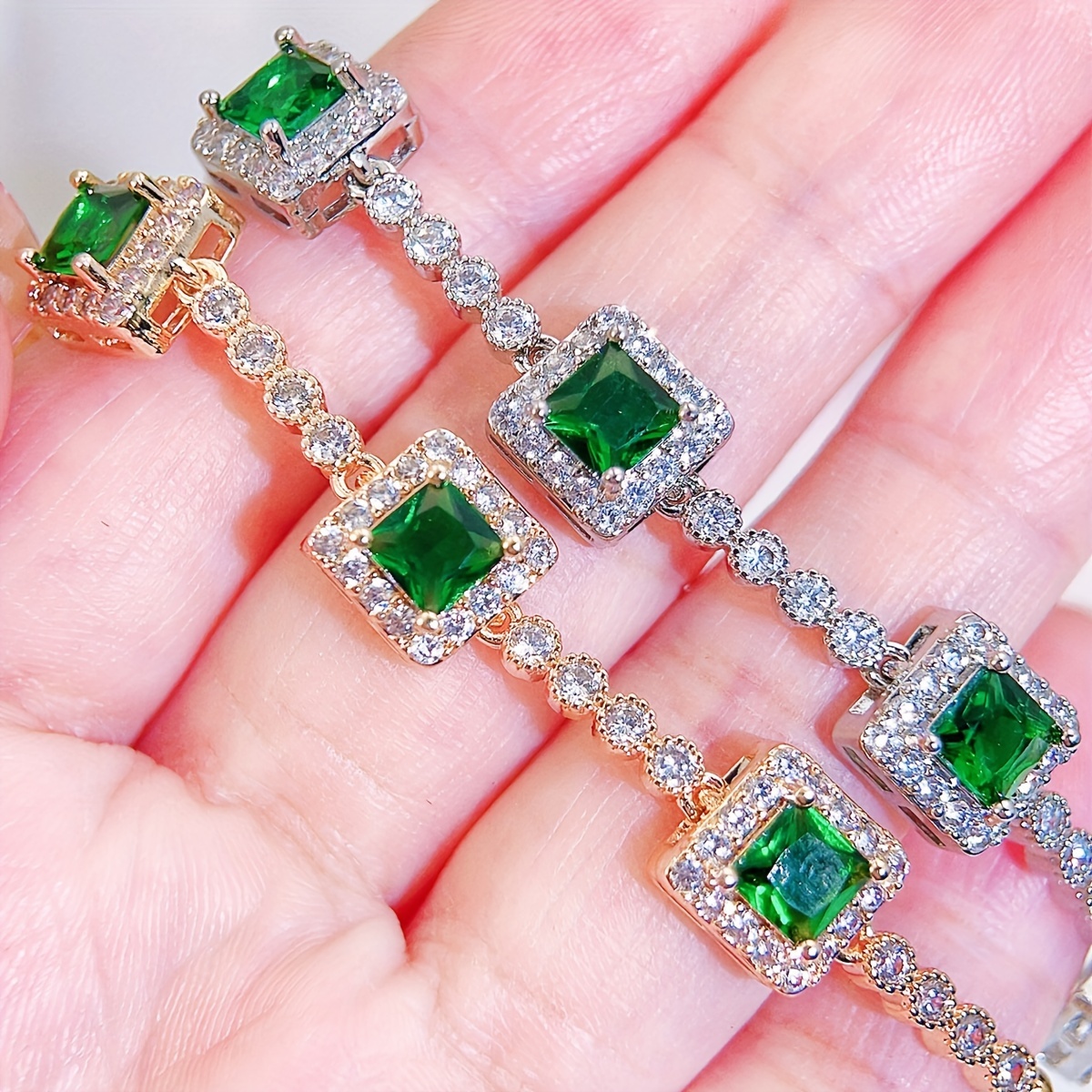 A Beautiful Green Cubic Zirconia Bracelet with a Silvery Golden Fashion Square Charm, Perfect for Women'S Evening Wear