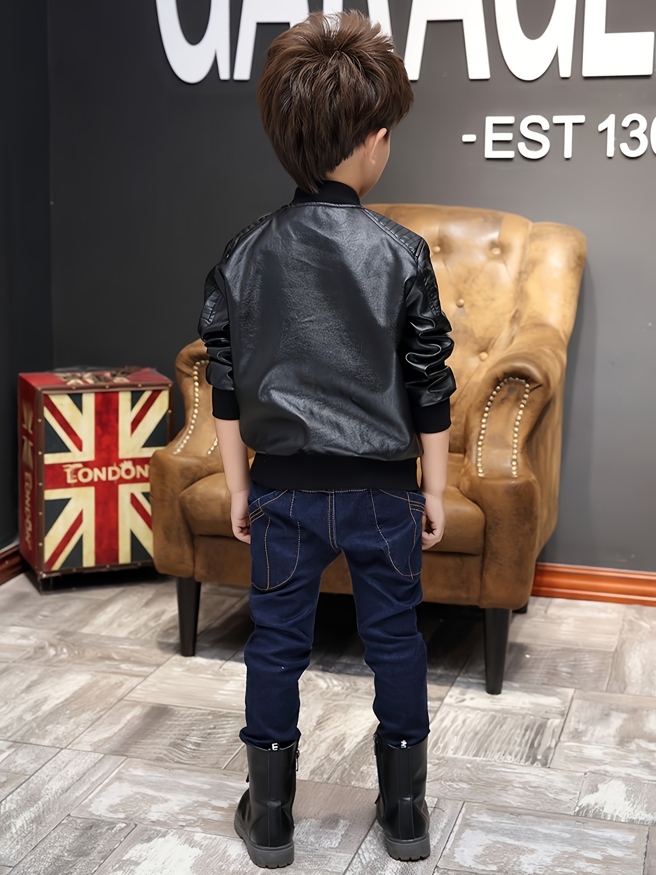 Chaqueta con cremallera de cuero grueso de forro polar para niños de moda  con bolsillo lateral, regalo de moda para niños