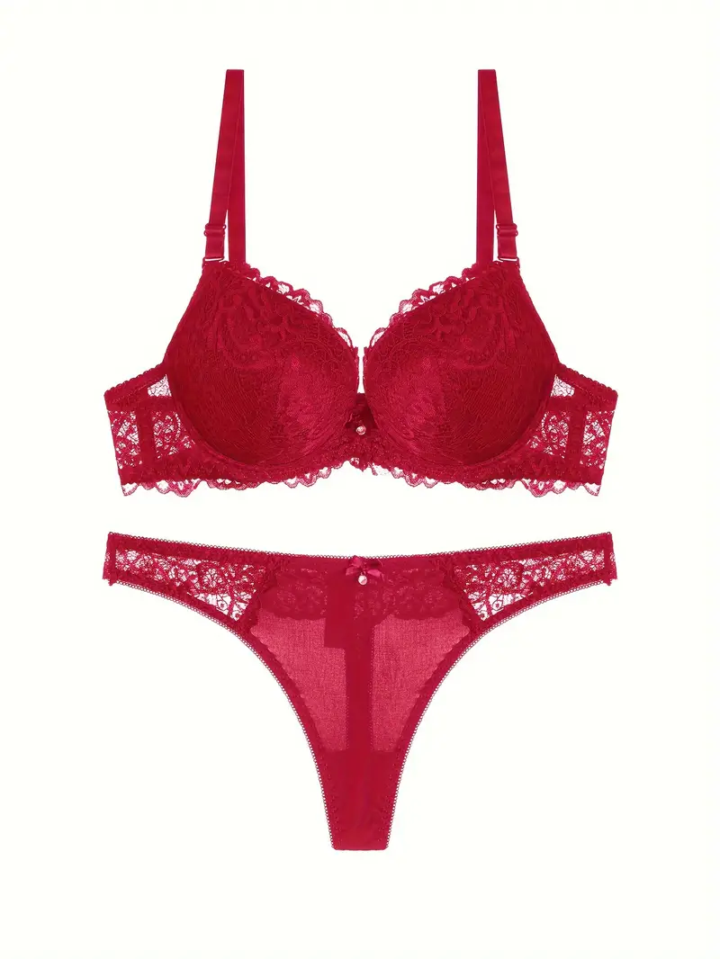 Hot Plain Red Lace Bra Thong Panty Bow Rhinestone Decor - Temu