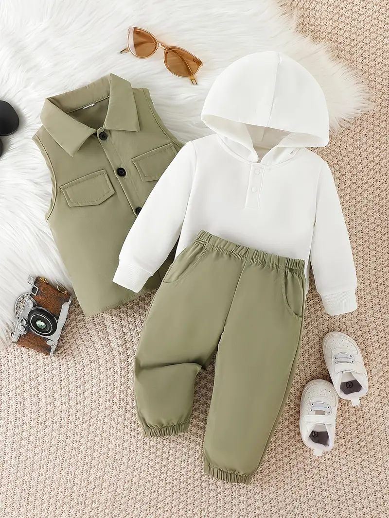 baby boys autumn new casual 3pcs outfit hoodie vest pants set details 2