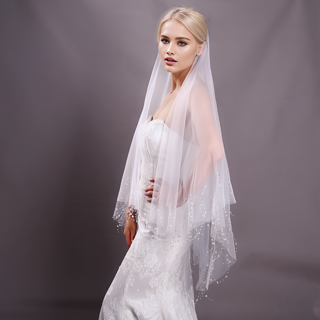 ウェディングアクセサリー人工クリスタルビーズ付きウェディングベールコーム付き2層女性ブライダルベールウェディングアクセサ Temu Japan