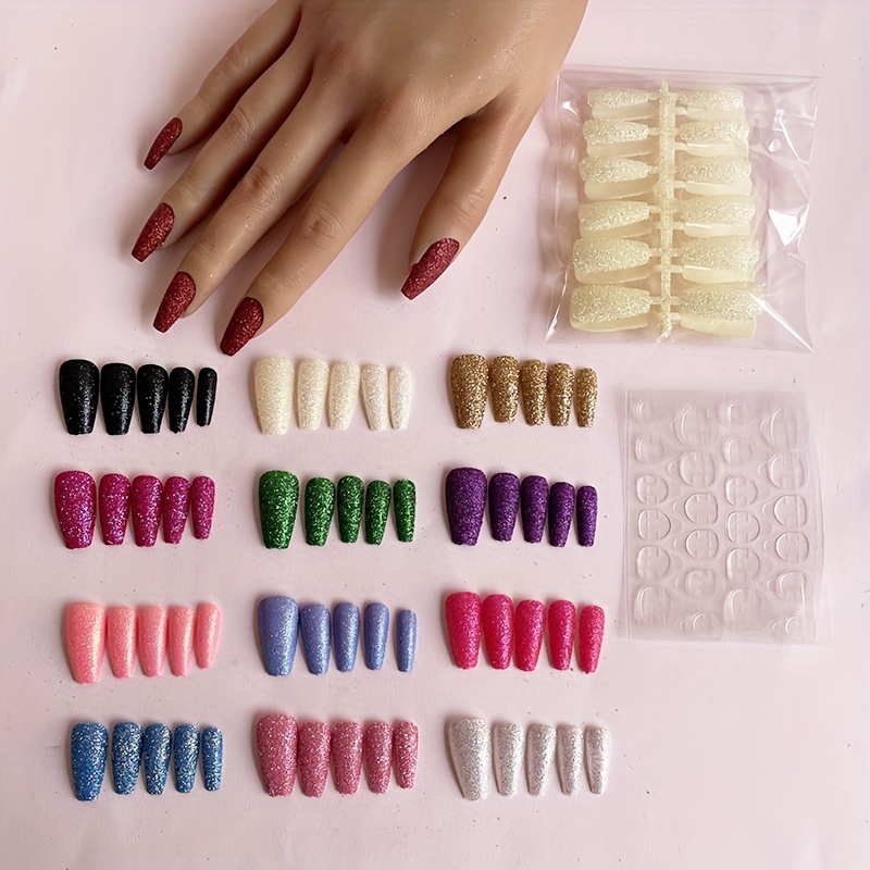 24 pcs Golden Glitter Coffin Press On Nails with Rhinestones and Plaid  Design - Perfect for Women and Girls - Long-Lasting and Easy to Apply
