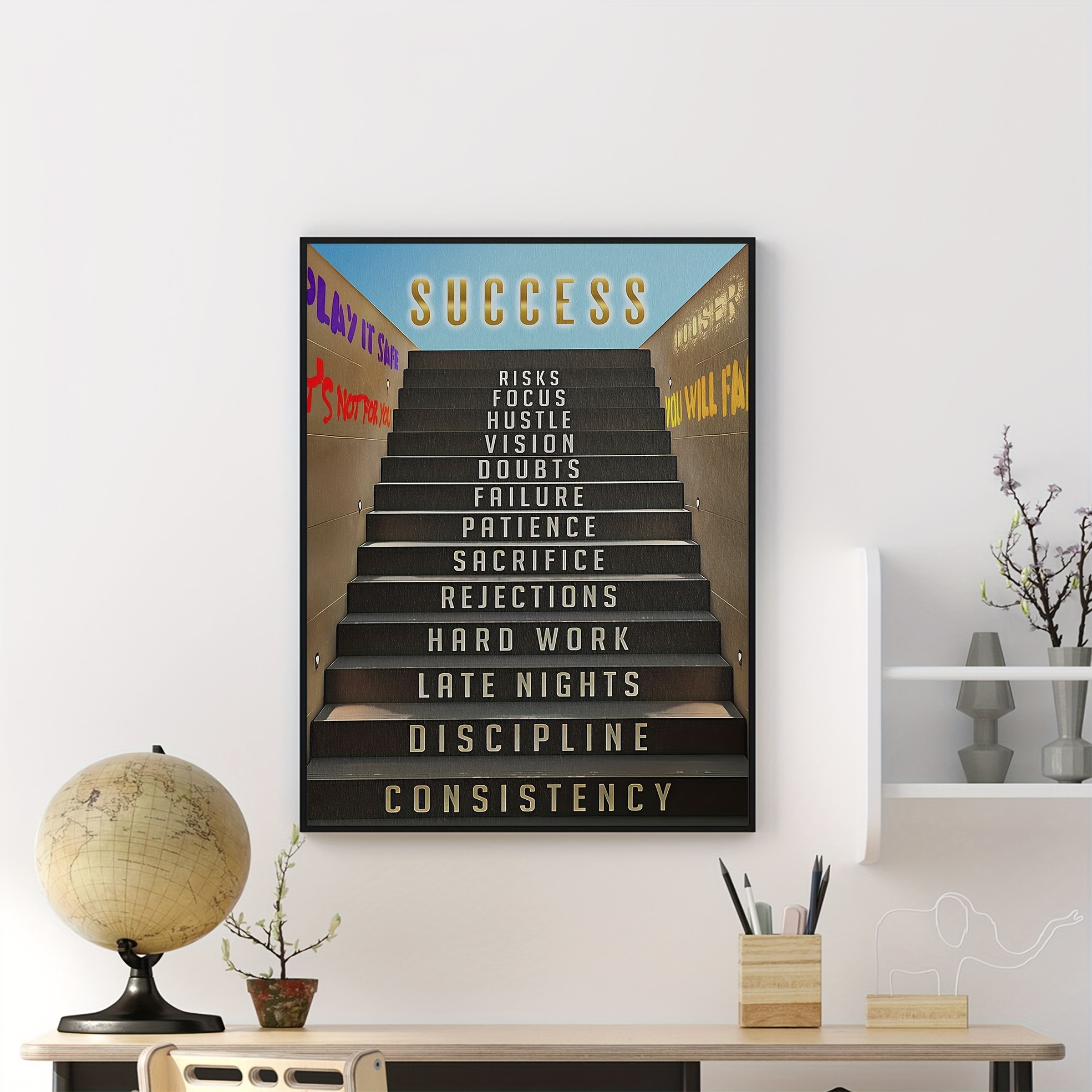 Stairway to Success Motivational Inspirational Quotes Wall Art Office Decor