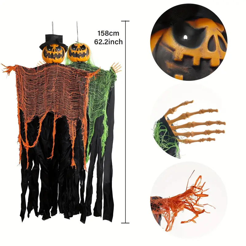2pcs hanging ghost pumpkin with bendable arms halloween skeleton pumpkin decorations with color changing lighted eyes for halloween party lawn outdoor indoor decor details 2
