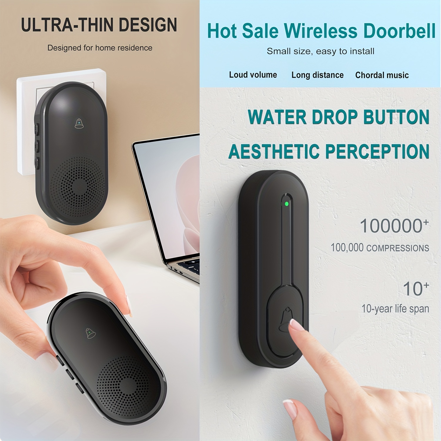 Wireless Doorbell,300 Meters Ip55 Waterproof,with 1 Plug-in Receiver,55  Melodies 5-level Volume,led Flash-black